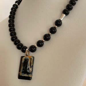 Black Onyx Necklace With Fire Agate Pendant